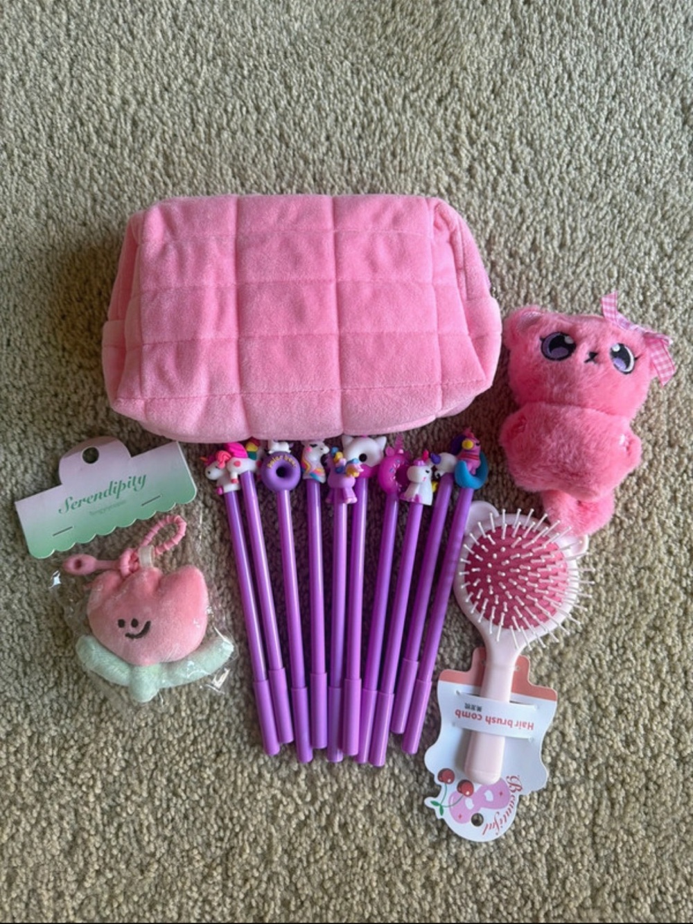 Pink Plush Kids Gift Set with Purple Unicorn Pens